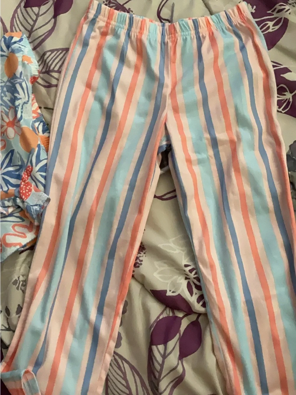 Carter's 3 pc Pink and Coral Swan Pajama Set with Blue Floral Accents & stripes
